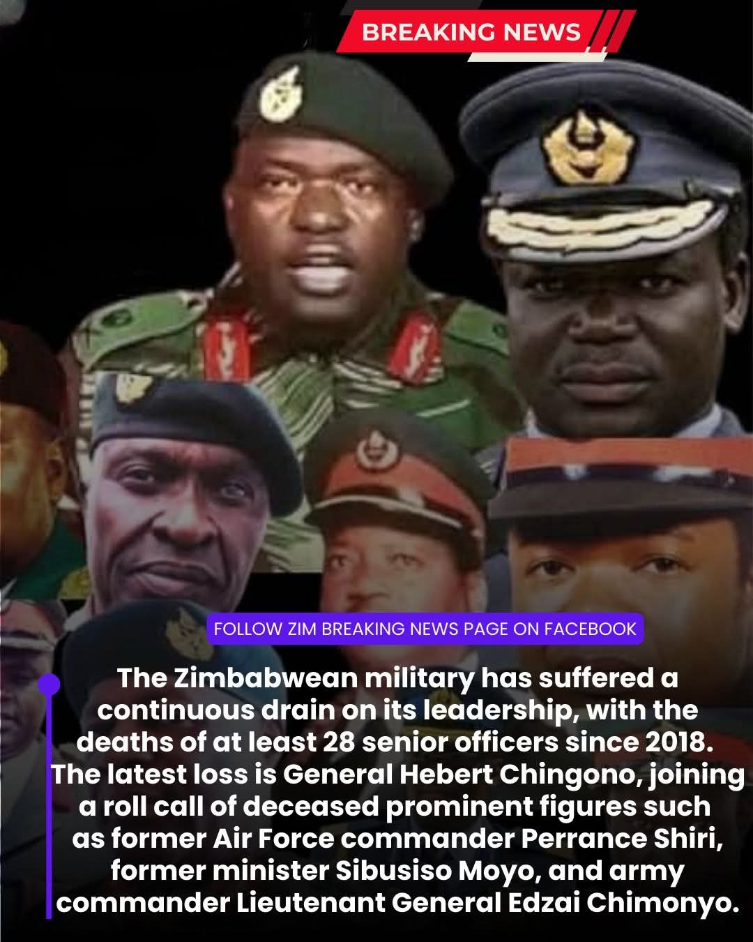 Breaking: List of all Zimbabwe military generals dead since 2017