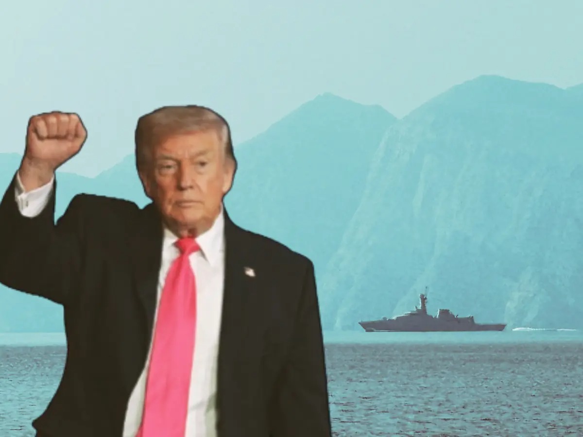 A U.S. Navy guided-missile destroyer at sea near the Strait of Hormuz during a maritime interception