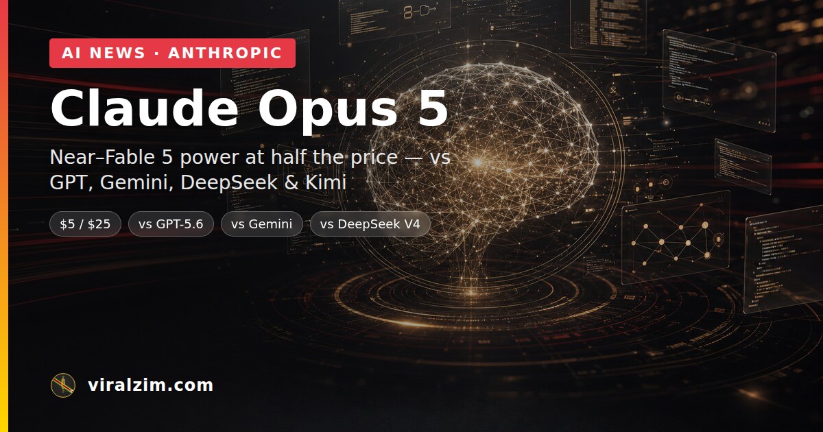 Claude Opus 5 compared with GPT-5.6, Gemini, DeepSeek V4 and Kimi — ViralZim AI cover